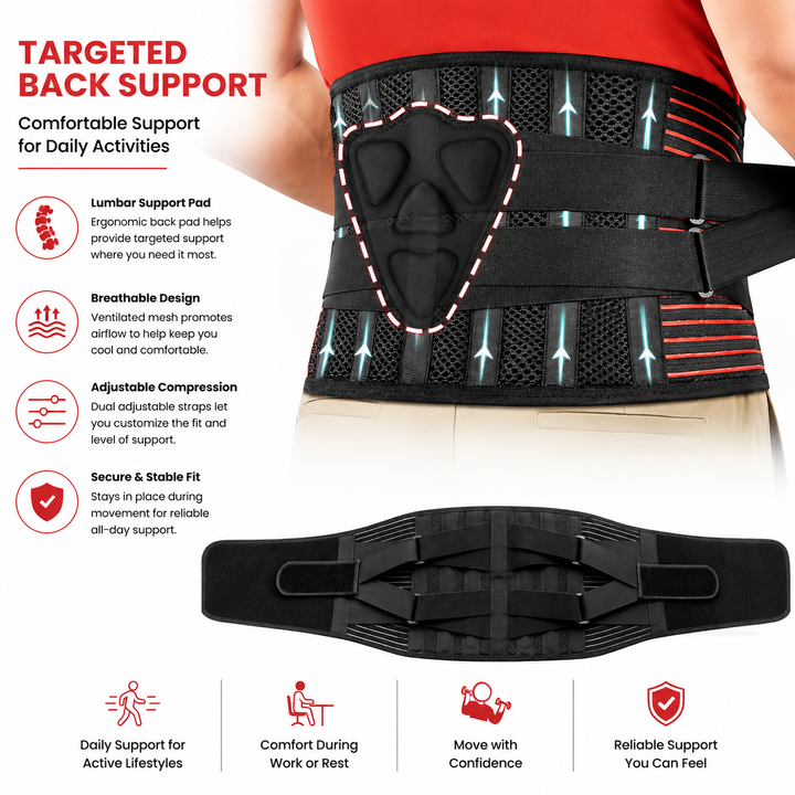 Premium Lower Back Support Brace 6 Stays Lumbar Support Belt Adjustable Compression Waist Belt Gym Sitting Posture Gym Back Support Anti-Slip