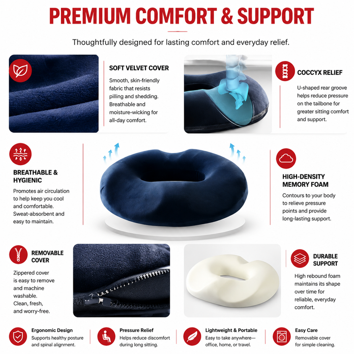 Premium Memory Foam Donut Seat Cushion Tailbone Pressure Relief Pillow Ergonomic Hemorrhoid Sciatica Sitting Support Office Home Travel Chair Pad