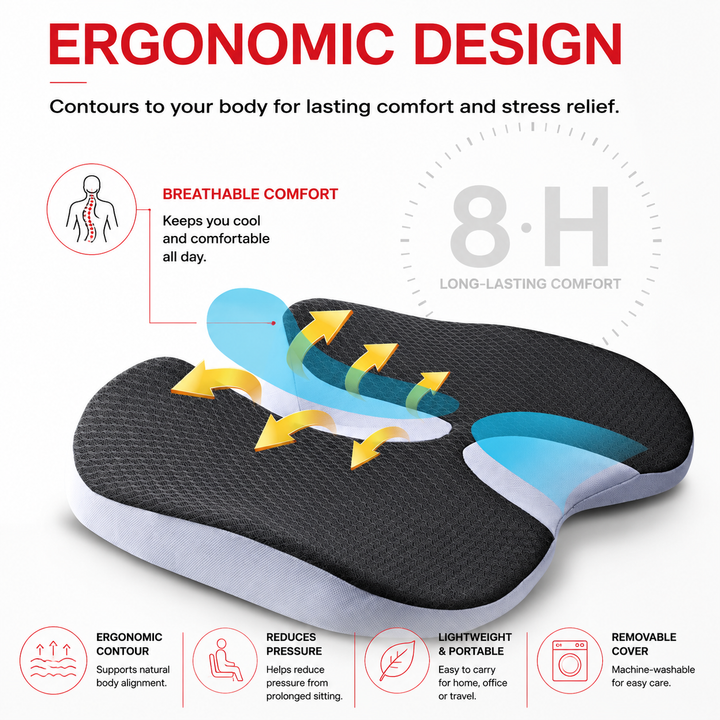 Premium Memory Foam Seat Cushion Ergonomic Chair Pad Non Slip Support Cushion Office Chair Car Seat Portable Comfort Cushion Travel Daily Use Support