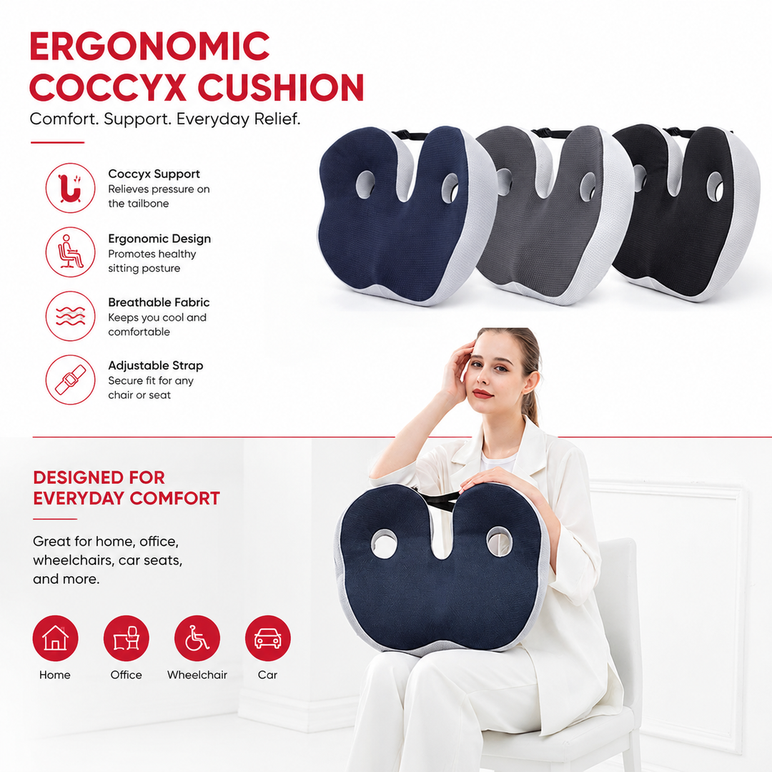 Premium Memory Foam Seat Cushion Ergonomic Sit Bone Support Pad Breathable Washable Chair Cushion Office Car Home Long Sitting Posture Comfort Cushion