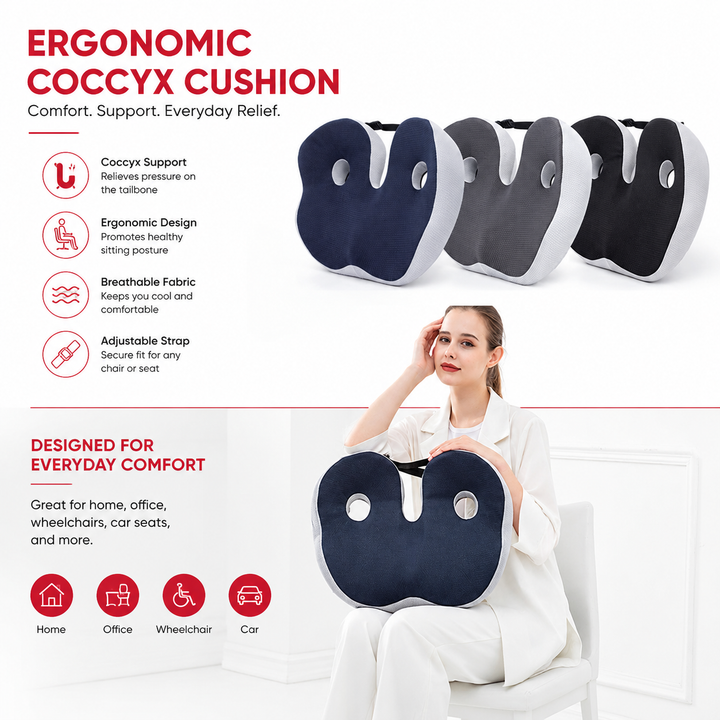 Premium Memory Foam Seat Cushion Ergonomic Sit Bone Support Pad Breathable Washable Chair Cushion Office Car Home Long Sitting Posture Comfort Cushion