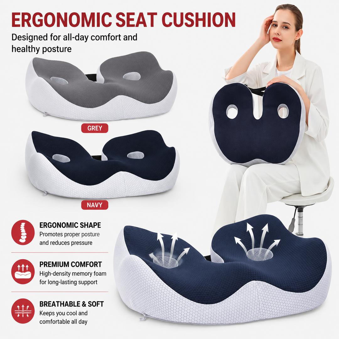 Premium Memory Foam Seat Cushion Ergonomic Sit Bone Support Pad Breathable Washable Chair Cushion Office Car Home Long Sitting Posture Comfort Cushion