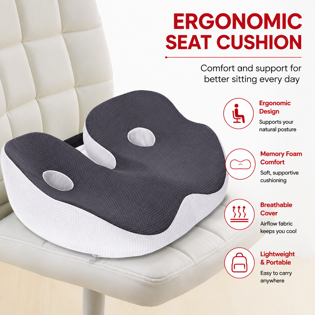 Premium Memory Foam Seat Cushion Ergonomic Sit Bone Support Pad Breathable Washable Chair Cushion Office Car Home Long Sitting Posture Comfort Cushion