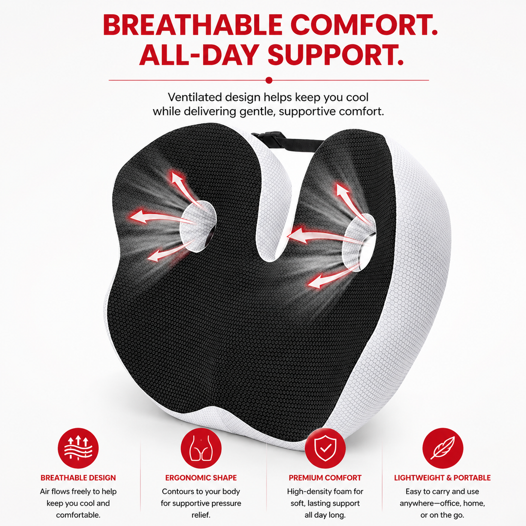 Premium Memory Foam Seat Cushion Ergonomic Sit Bone Support Pad Breathable Washable Chair Cushion Office Car Home Long Sitting Posture Comfort Cushion
