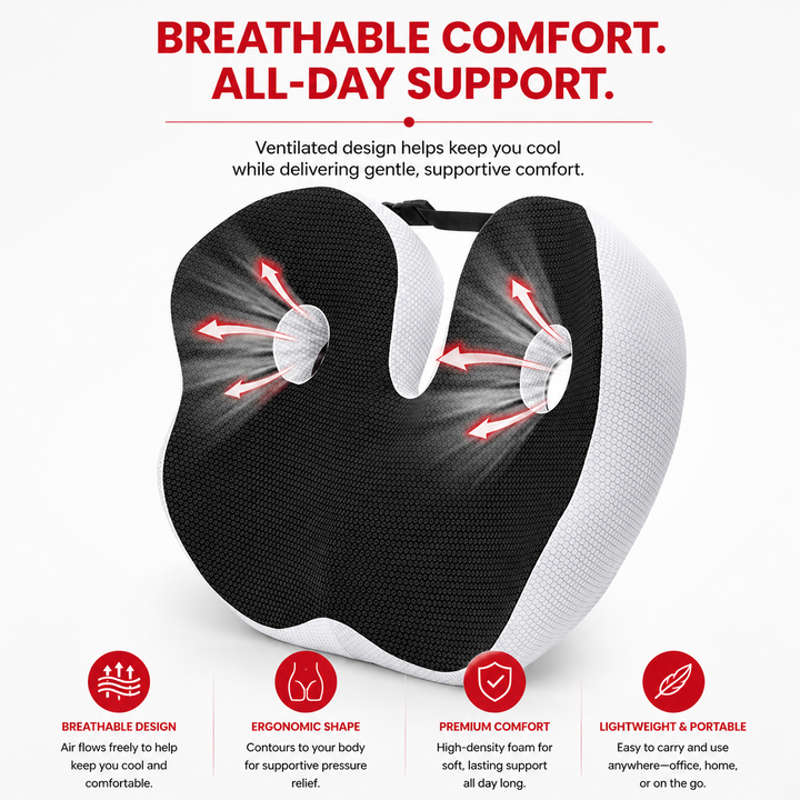 Premium Memory Foam Seat Cushion Ergonomic Sit Bone Support Pad Breathable Washable Chair Cushion Office Car Home Long Sitting Posture Comfort Cushion