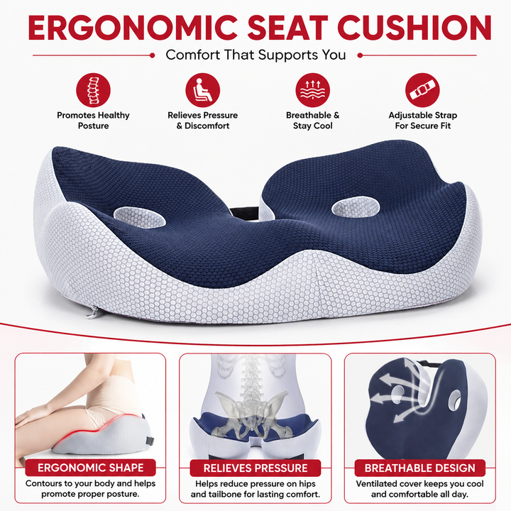 Premium Memory Foam Seat Cushion Ergonomic Sit Bone Support Pad Breathable Washable Chair Cushion Office Car Home Long Sitting Posture Comfort Cushion