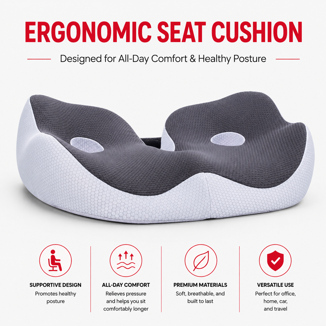 Premium Memory Foam Seat Cushion Ergonomic Sit Bone Support Pad Breathable Washable Chair Cushion Office Car Home Long Sitting Posture Comfort Cushion