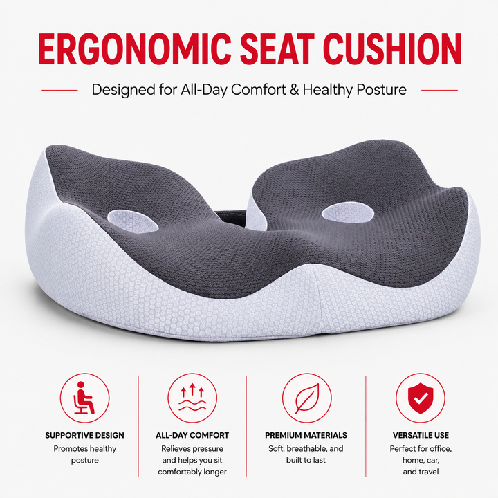 Premium Memory Foam Seat Cushion Ergonomic Sit Bone Support Pad Breathable Washable Chair Cushion Office Car Home Long Sitting Posture Comfort Cushion
