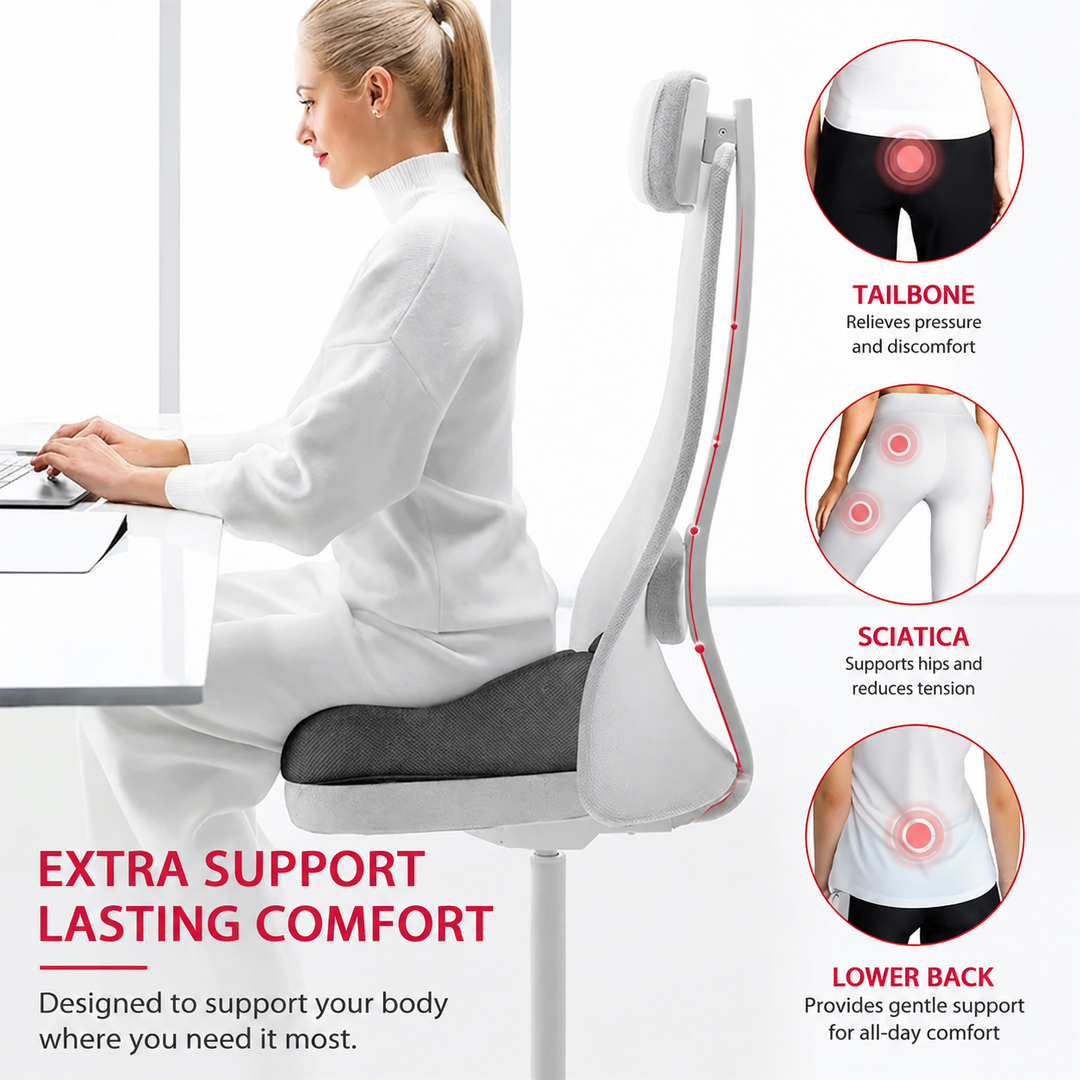 Premium Memory Foam Seat Cushion Ergonomic Sit Bone Support Pad Breathable Washable Chair Cushion Office Car Home Long Sitting Posture Comfort Cushion