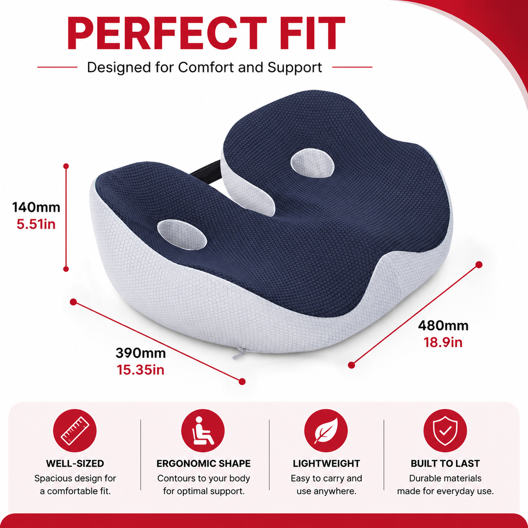 Premium Memory Foam Seat Cushion Ergonomic Sit Bone Support Pad Breathable Washable Chair Cushion Office Car Home Long Sitting Posture Comfort Cushion
