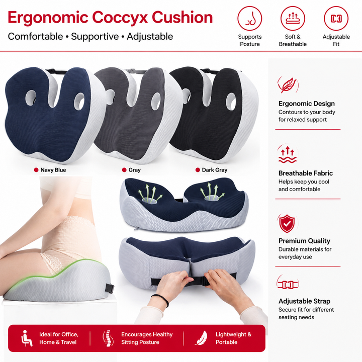 Premium Memory Foam Seat Cushion Ergonomic Sit Bone Support Pad Breathable Washable Chair Cushion Office Car Home Long Sitting Posture Comfort Cushion