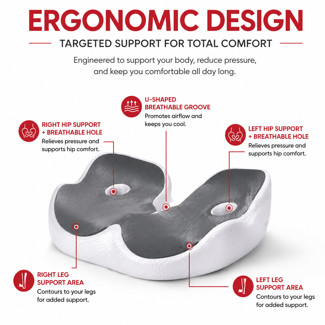 Premium Memory Foam Seat Cushion Ergonomic Sit Bone Support Pad Breathable Washable Chair Cushion Office Car Home Long Sitting Posture Comfort Cushion