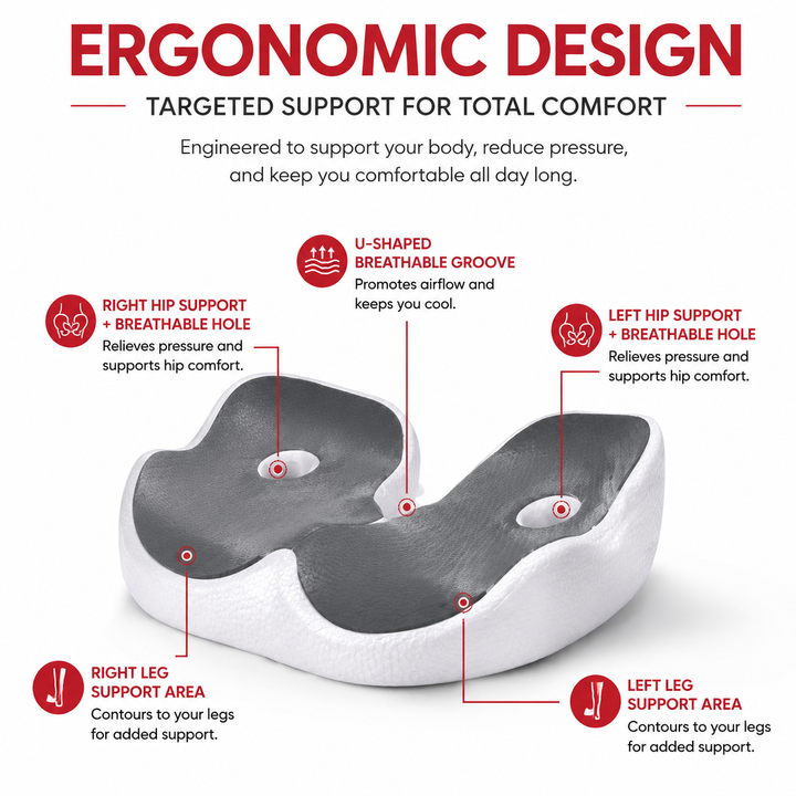 Premium Memory Foam Seat Cushion Ergonomic Sit Bone Support Pad Breathable Washable Chair Cushion Office Car Home Long Sitting Posture Comfort Cushion