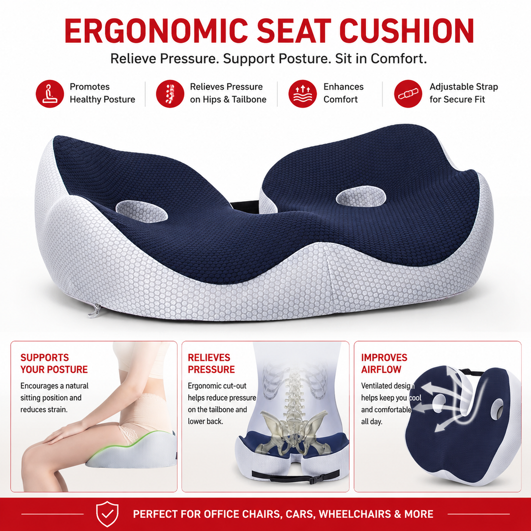 Premium Memory Foam Seat Cushion Sit Bone Relief Ergonomic Chair Cushion Pressure Relief Breathable Washable Office Car Driver Long Sitting Comfort Cushion