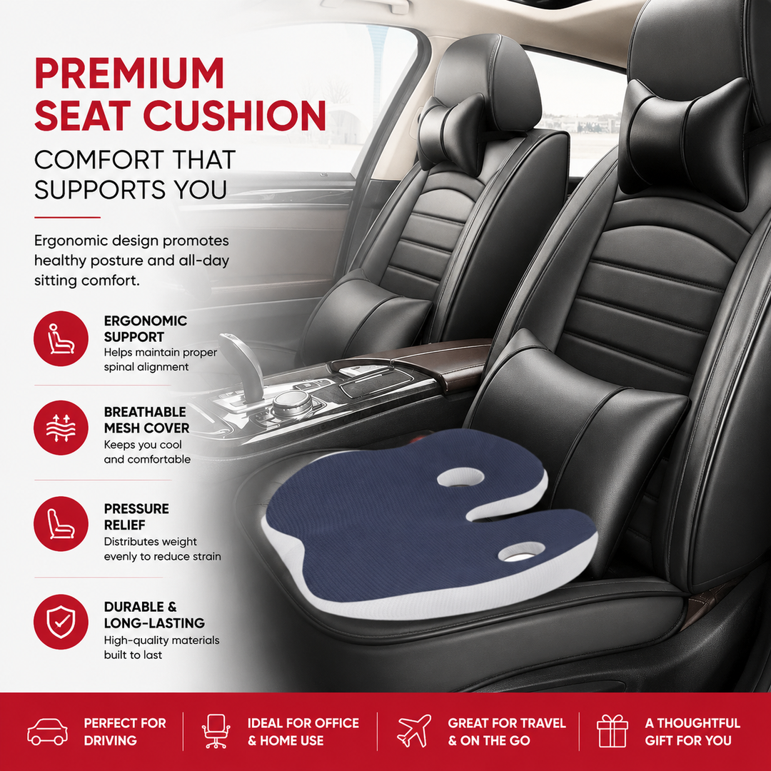 Premium Memory Foam Seat Cushion Sit Bone Relief Ergonomic Chair Cushion Pressure Relief Breathable Washable Office Car Driver Long Sitting Comfort Cushion