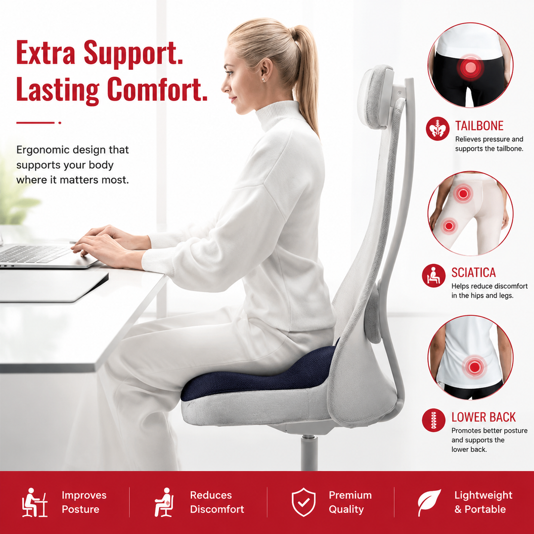 Premium Memory Foam Seat Cushion Sit Bone Relief Ergonomic Chair Cushion Pressure Relief Breathable Washable Office Car Driver Long Sitting Comfort Cushion