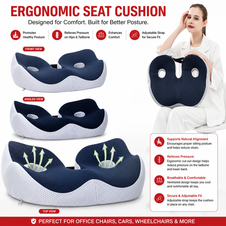 Premium Memory Foam Seat Cushion Sit Bone Relief Ergonomic Chair Cushion Pressure Relief Breathable Washable Office Car Driver Long Sitting Comfort Cushion