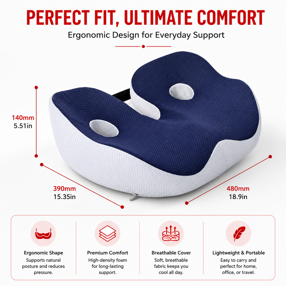 Premium Memory Foam Seat Cushion Sit Bone Relief Ergonomic Chair Cushion Pressure Relief Breathable Washable Office Car Driver Long Sitting Comfort Cushion