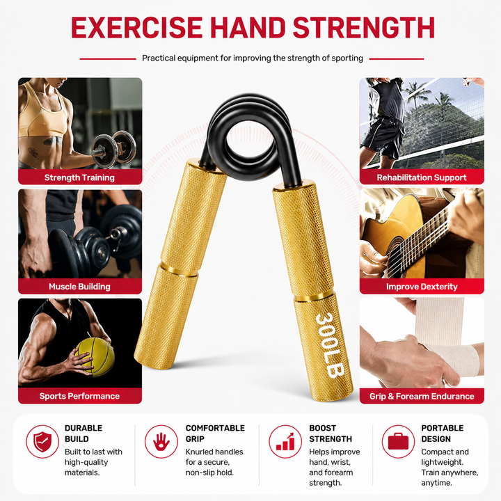 Premium Metal Hand Gripper Adjustable 50 to 350lb Grip Strengthener Finger Wrist Trainer Ergonomic Portable Fitness Tool Home Gym Workout Hand Exerciser
