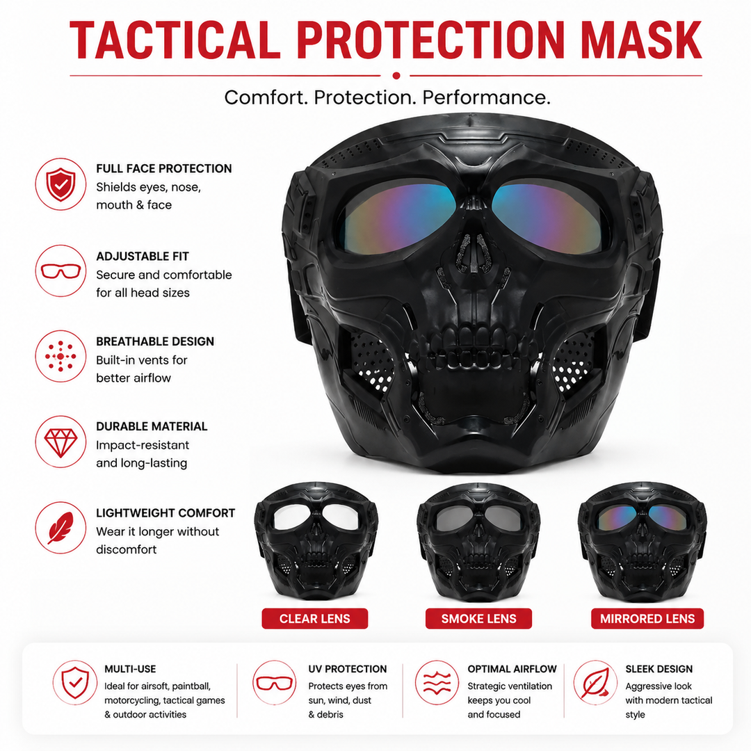 Premium Motorcycle Mask Goggles Skull Face Mask Breathable Wind Dust Cover Adjustable Strap Helmet Compatible Outdoor Riding Goggles Multicolor Lens