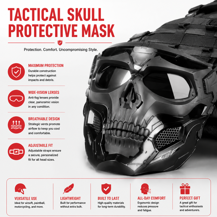 Premium Motorcycle Mask Goggles Skull Face Mask Breathable Wind Dust Cover Adjustable Strap Helmet Compatible Outdoor Riding Goggles Multicolor Lens