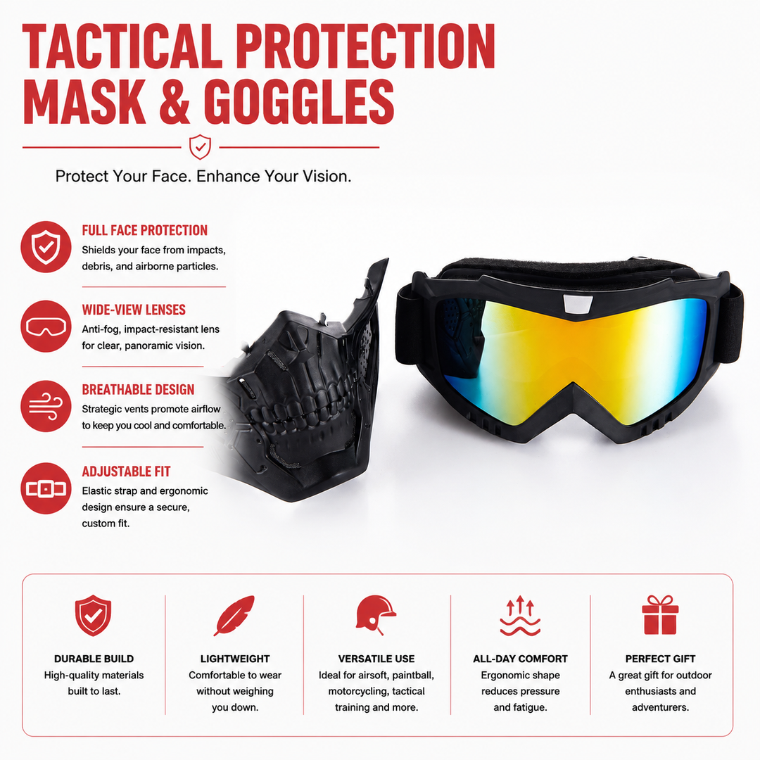 Premium Motorcycle Mask Goggles Skull Face Mask Breathable Wind Dust Cover Adjustable Strap Helmet Compatible Outdoor Riding Goggles Multicolor Lens