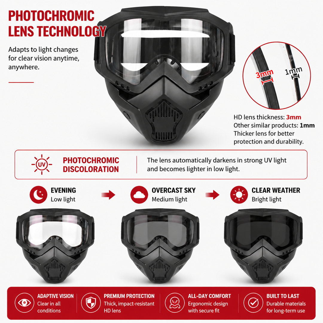 Premium Motorcycle Mask Goggles Skull Face Mask Breathable Wind Dust Cover Adjustable Strap Helmet Compatible Outdoor Riding Goggles Multicolor Lens