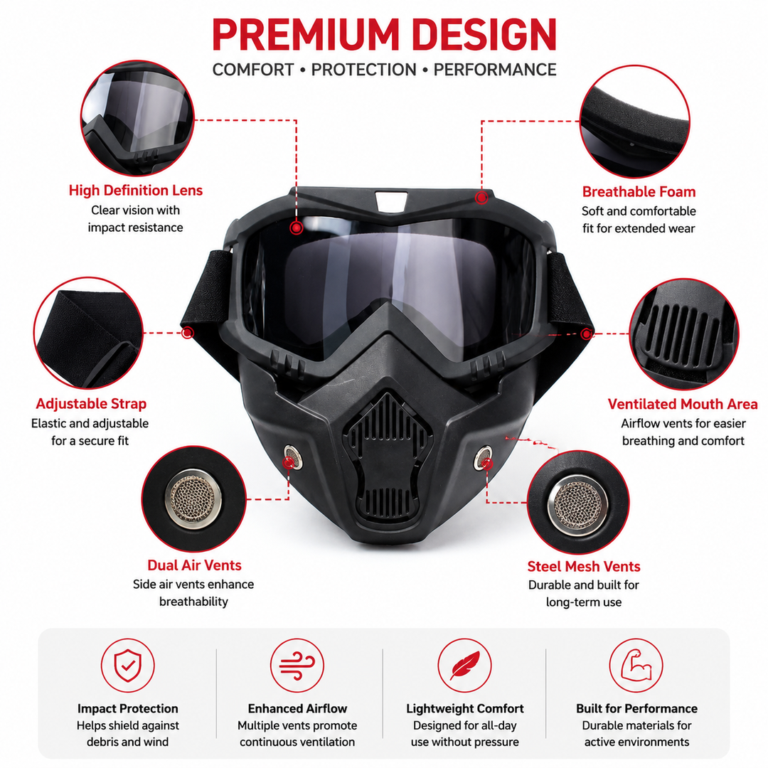 Premium Motorcycle Mask Goggles Skull Face Mask Breathable Wind Dust Cover Adjustable Strap Helmet Compatible Outdoor Riding Goggles Multicolor Lens
