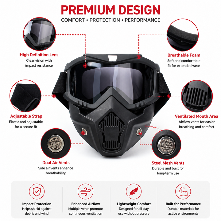 Premium Motorcycle Mask Goggles Skull Face Mask Breathable Wind Dust Cover Adjustable Strap Helmet Compatible Outdoor Riding Goggles Multicolor Lens