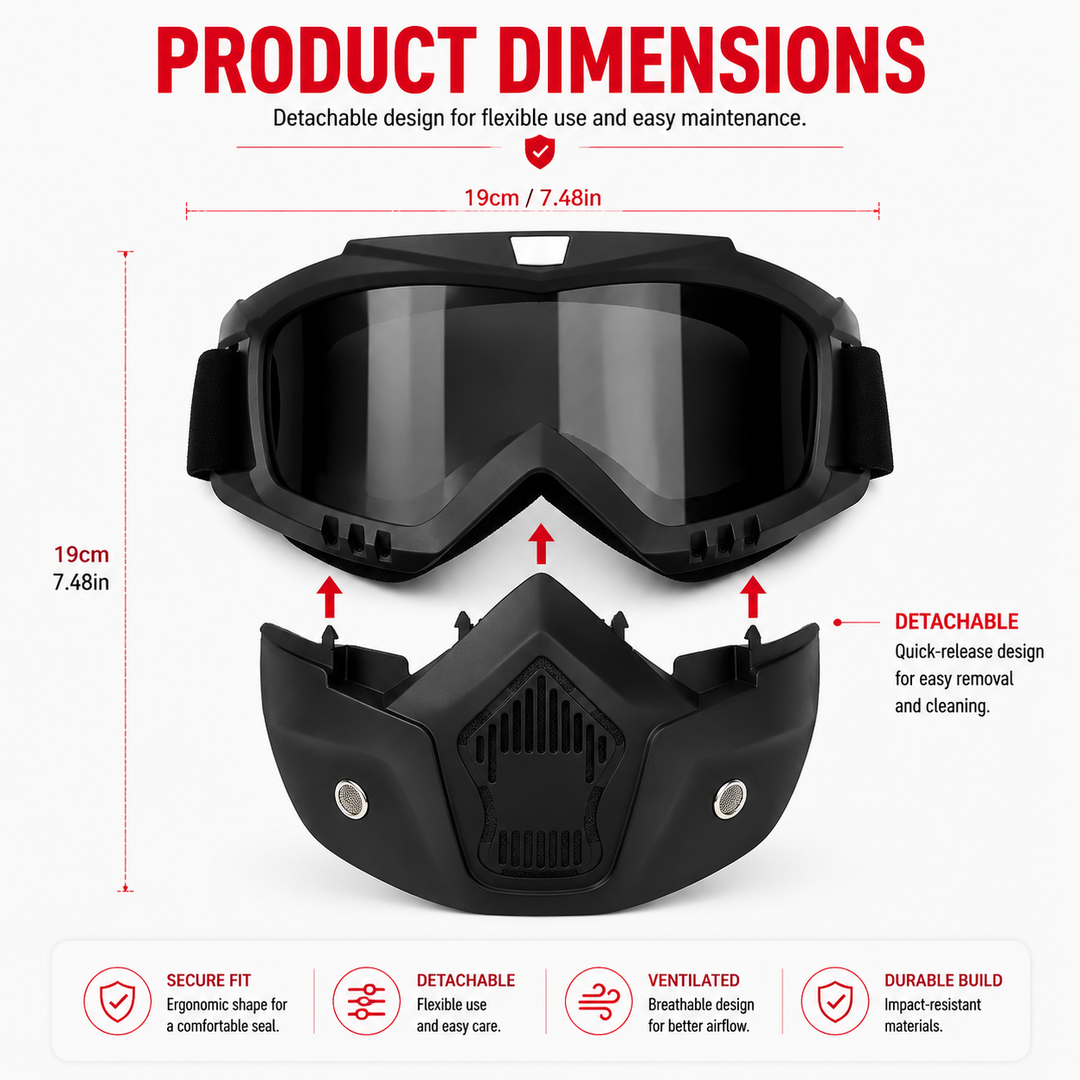 Premium Motorcycle Skull Mouth Mask Tactical Riding Goggles UV Protection Windproof Dustproof Anti-Glare Ski Cycling Mountaineering Mask with Adjustable Strap
