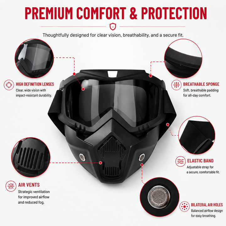 Premium Motorcycle Skull Mouth Mask Tactical Riding Goggles UV Protection Windproof Dustproof Anti-Glare Ski Cycling Mountaineering Mask with Adjustable Strap