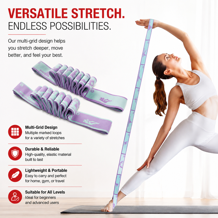 Premium Multi Grid Resistance Band Yoga Pilates Stretching Strap Adjustable Elastic Training Belt 8/9 Grid Mobility Flexibility Fitness Band