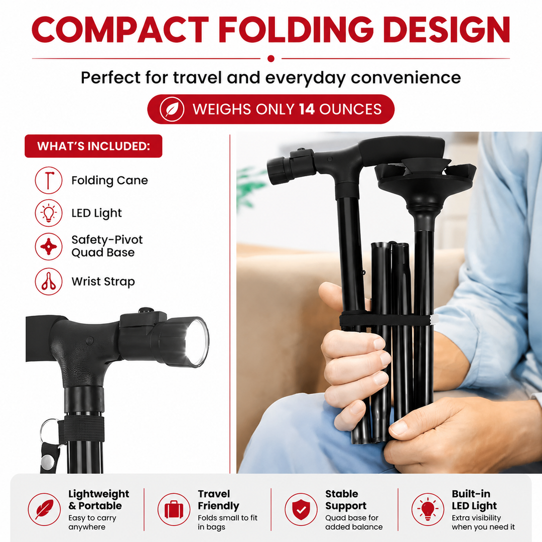 Premium Multifunctional Walking Stick Telescopic Folding Hiking Cane Lightweight Aluminum Adjustable Height Non Slip Rubber Base Travel Cane Seniors
