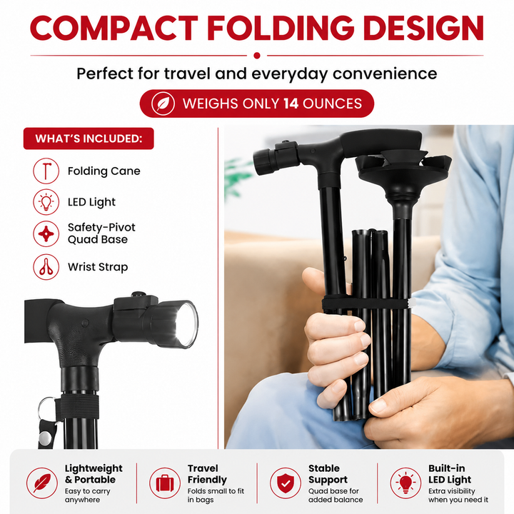 Premium Multifunctional Walking Stick Telescopic Folding Hiking Cane Lightweight Aluminum Adjustable Height Non Slip Rubber Base Travel Cane Seniors