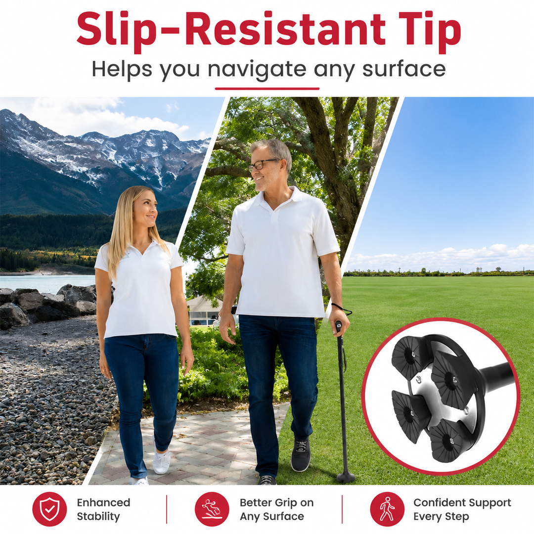 Premium Multifunctional Walking Stick Telescopic Folding Hiking Cane Lightweight Aluminum Adjustable Height Non Slip Rubber Base Travel Cane Seniors
