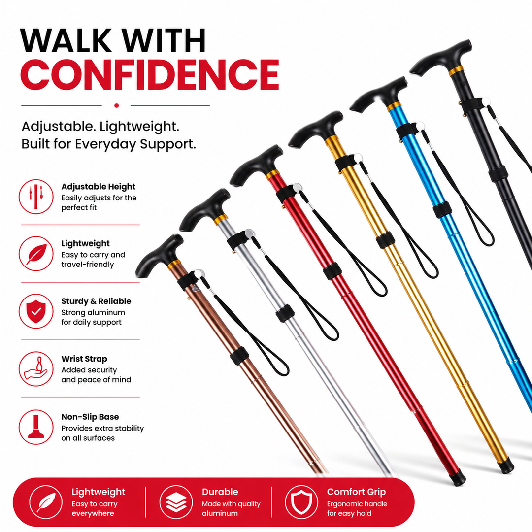 Premium Multifunctional Walking Stick Telescopic Folding Hiking Cane Lightweight Aluminum Adjustable Height Non Slip Rubber Base Travel Cane Seniors