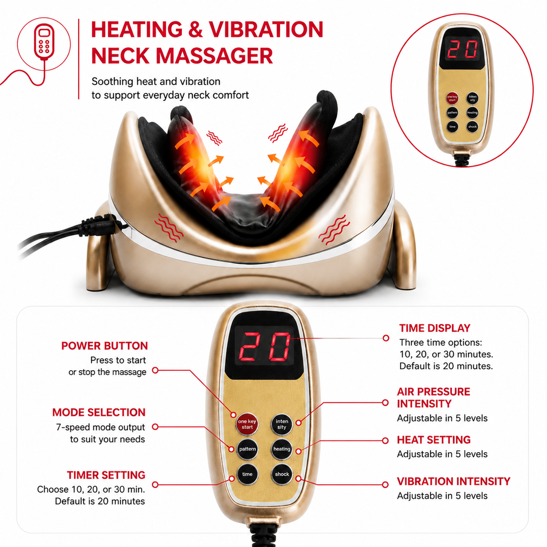 Premium Neck Massage Pillow with Heat and Vibration Cervical Traction Device 7 Modes 3D Airbag Massage Adjustable Heating Neck Shoulder Relaxation Pain Relief Support Pillow