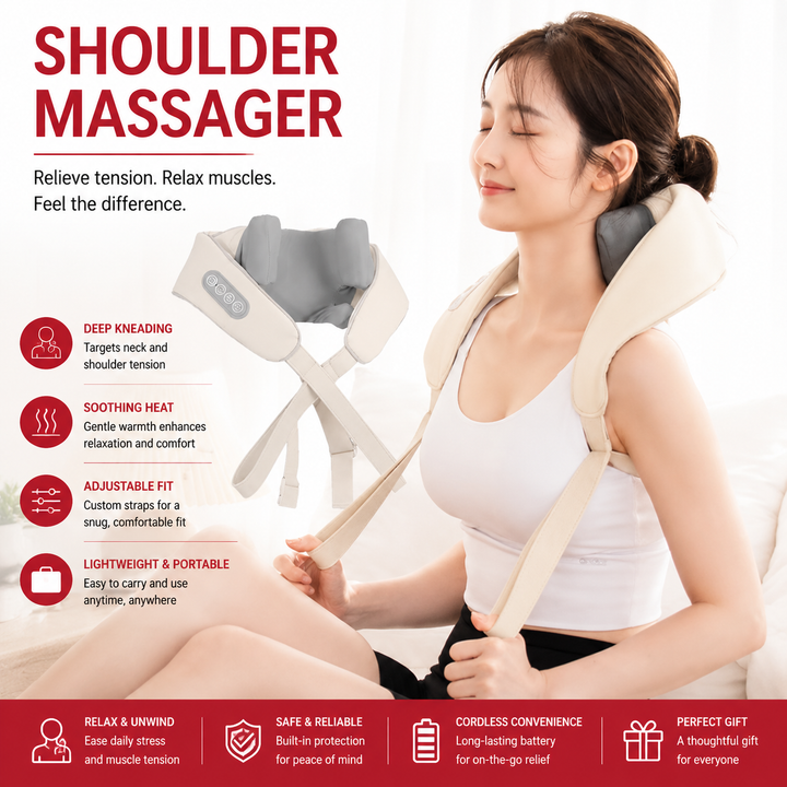 Premium Neck Shoulder Massager Shawl with Heat Shiatsu Deep Kneading Electric Rechargeable Wireless Back Neck Upper Body Pain Relief Relaxation Home Travel Use