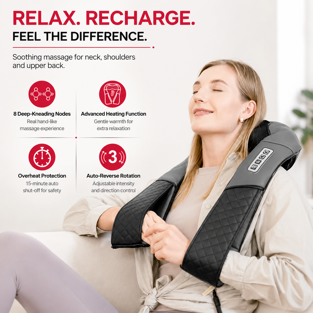 Premium Neck and Shoulder Massager Shiatsu Deep Tissue Massage with Heat Therapy 8 Node Electric Kneading Back Neck Shoulder Relief Home Car Use Portable