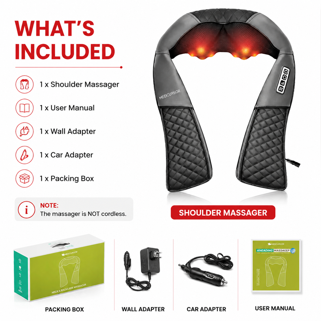 Premium Neck and Shoulder Massager Shiatsu Deep Tissue Massage with Heat Therapy 8 Node Electric Kneading Back Neck Shoulder Relief Home Car Use Portable