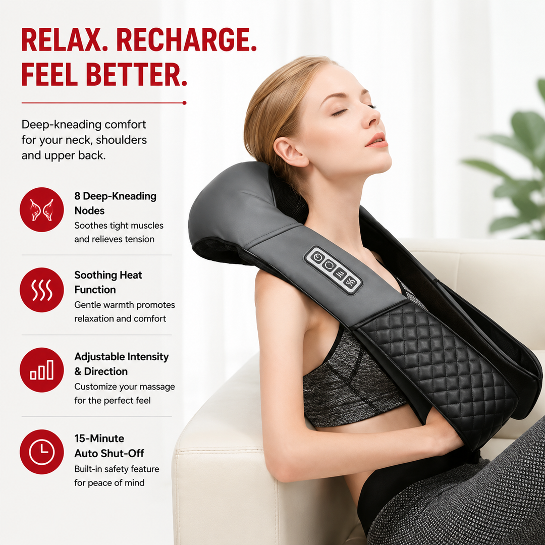 Premium Neck and Shoulder Massager Shiatsu Deep Tissue Massage with Heat Therapy 8 Node Electric Kneading Back Neck Shoulder Relief Home Car Use Portable