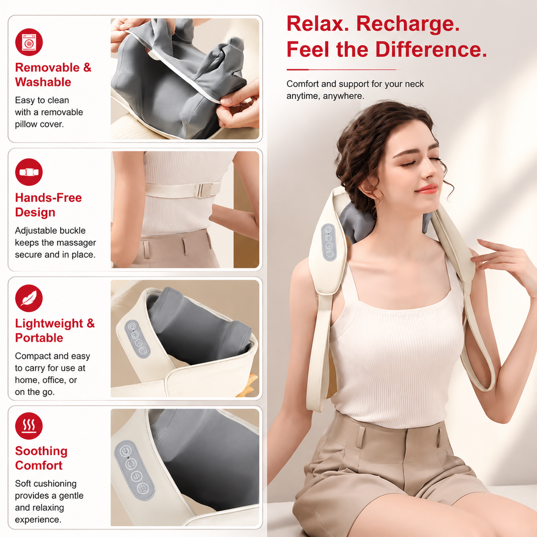 Premium Neck and Shoulder Massager with Heat Shiatsu Deep Tissue Kneading Rechargeable Wireless Massage Shawl Back Neck Pain Relief Portable Home Office Travel Use