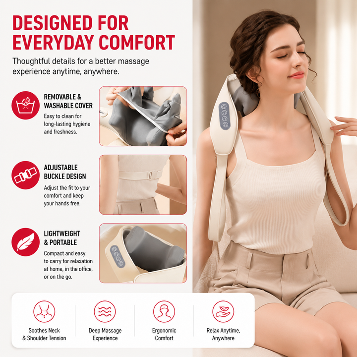 Premium Neck and Shoulder Massager with Heat Shiatsu Kneading Electric Massage Shawl Rechargeable for Back Neck Arms Gym Work Daily Use Comfort