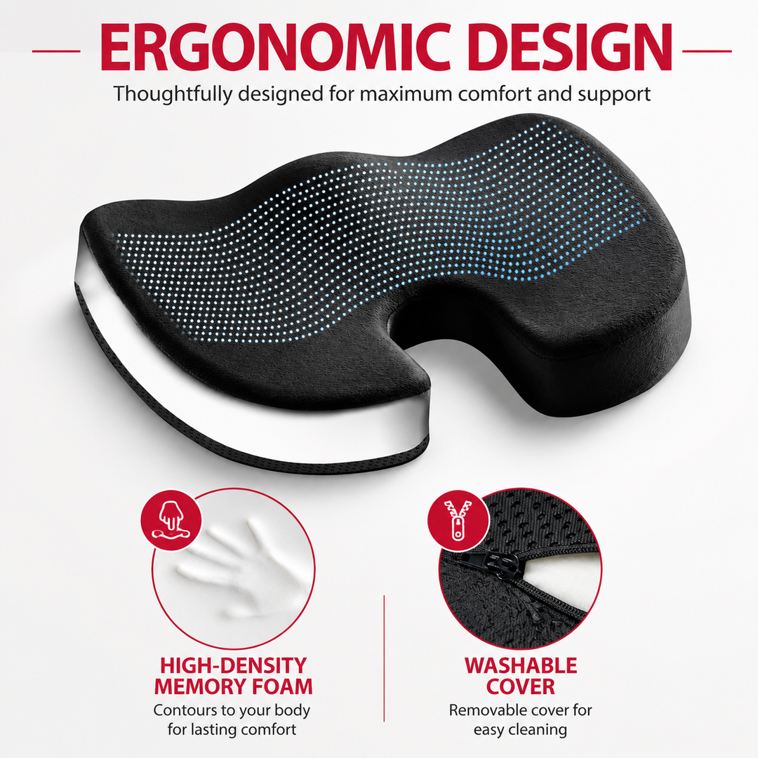 Premium Non-Slip Gel Memory Foam Cushion Ergonomic Coccyx Seat Support Office Chair Car Seat Long Sitting Pressure Relief Comfort Cushion
