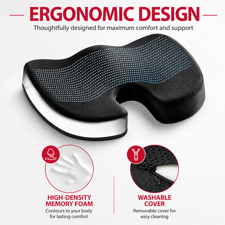 Premium Non-Slip Gel Memory Foam Cushion Ergonomic Coccyx Seat Support Office Chair Car Seat Long Sitting Pressure Relief Comfort Cushion