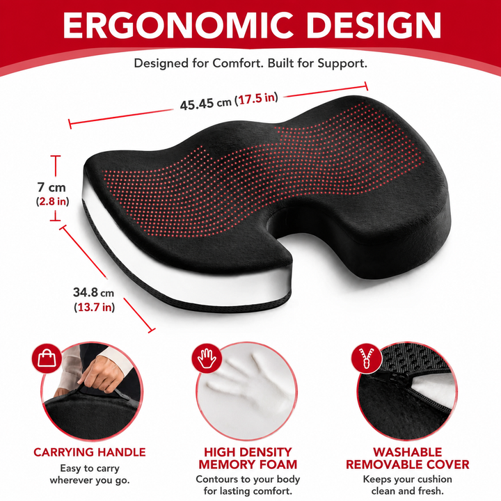 Premium Non-Slip Gel Memory Foam Cushion Ergonomic Coccyx Seat Support Office Chair Car Seat Long Sitting Pressure Relief Comfort Cushion
