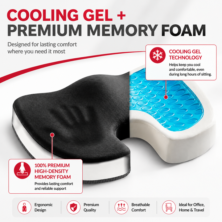 Premium Non-Slip Gel Memory Foam Cushion Ergonomic Coccyx Seat Support Office Chair Car Seat Long Sitting Pressure Relief Comfort Cushion