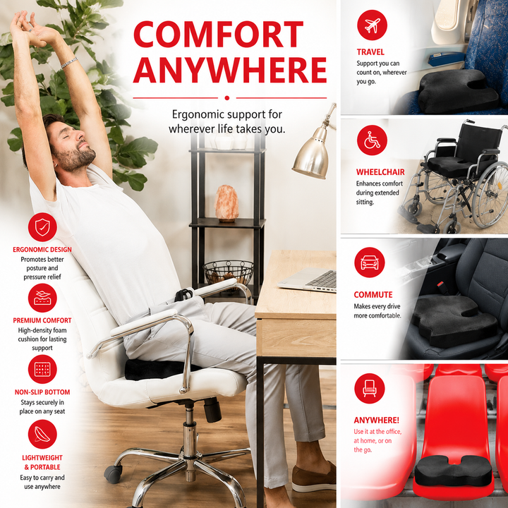 Premium Non-Slip Gel Memory Foam Cushion Ergonomic Coccyx Seat Support Office Chair Car Seat Long Sitting Pressure Relief Comfort Cushion