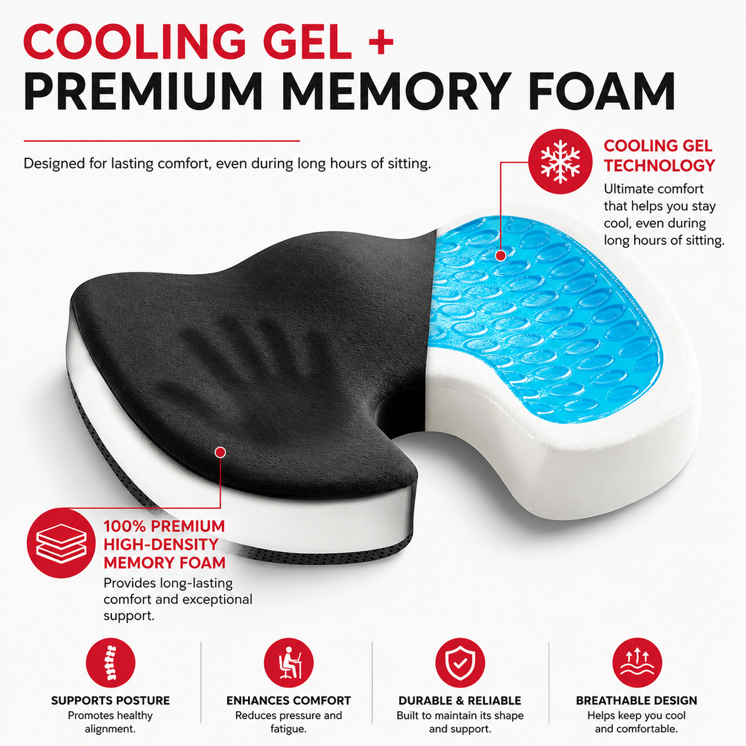 Premium Non-Slip Gel &amp; Memory Foam Cushion Ergonomic Coccyx Support Cushion Office Chair Car Seat Long Sitting Comfort Pressure Relief Seat Pad
