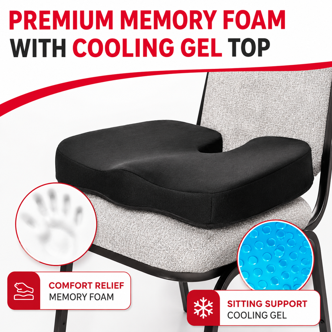 Premium Non-Slip Gel &amp; Memory Foam Cushion Ergonomic Coccyx Support Cushion Office Chair Car Seat Long Sitting Comfort Pressure Relief Seat Pad